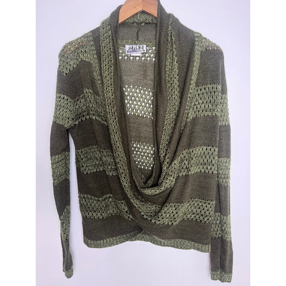 Vtg USA Y2K Wm Med Olive Green Stripe Open Knit Draped Cardigan Crochet Eclectic